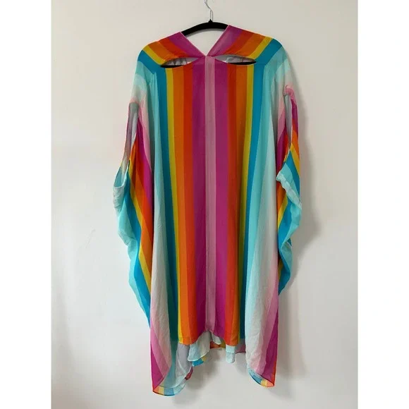 Trina Turk 25th Anniversary Rainbow Stripe Silk Lined Kaftan Tunic Dress Large - Picture 6 of 9